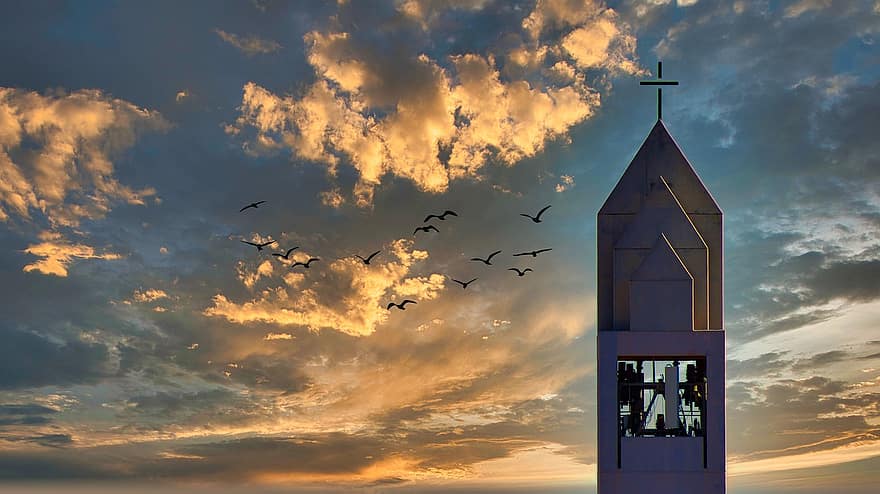 Torre, uccelli, Chiesa, attraversare, cielo, nuvole, tramonto, religione, nube, crepuscolo, cristianesimo