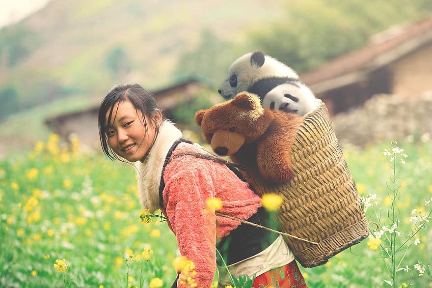 महिला, भालू, टोकरी, भरे हुए पशु, खिलौने, फूल, मैदान, प्रकृति