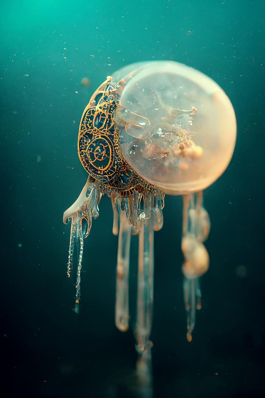Medúza, perla, moře, oceán, krystal, vyšperkovaný, dekorativní, zlato, modrý, pozadí, detail