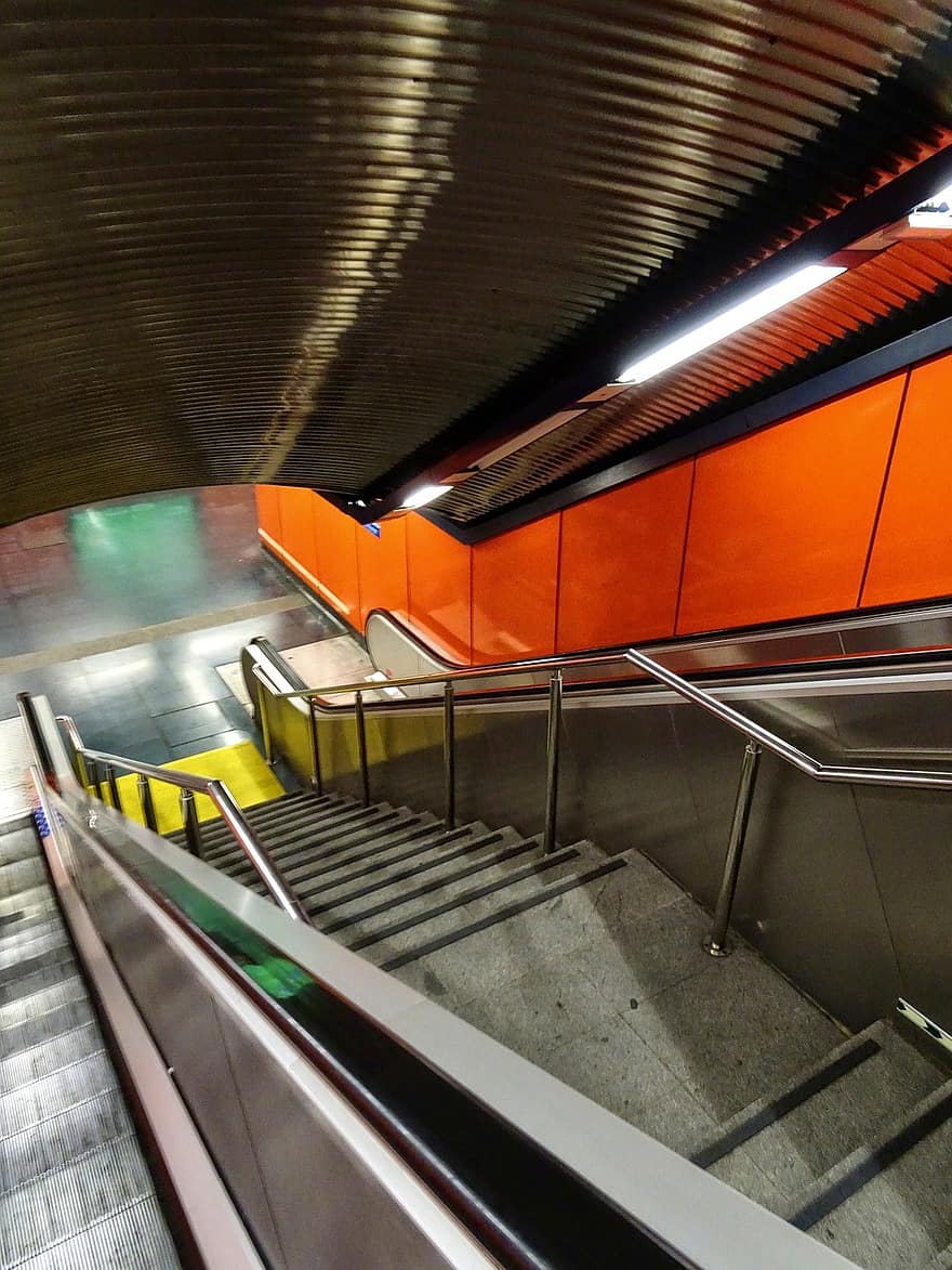 undergrundsbane, trappe, by, underjordisk, metro, moderne, offentlig, transportmidler, indre, lys, by-