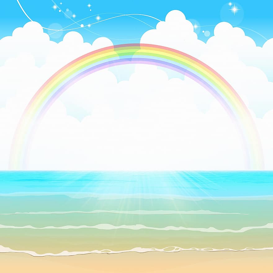 Ocean Background, Rainbow, Sea, Clouds, Greeting, Pattern, Nostalgic, Vintage, Postcard, Easter, Decoration