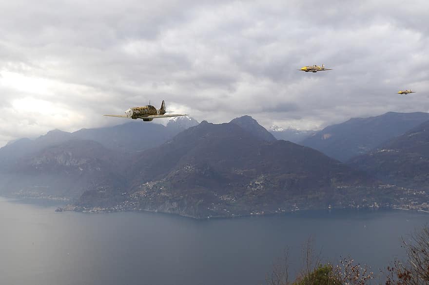 Mountains, River, Italy, Lombardy, Sky, Clouds, Space, Airship-fantasy, Alps, Nature, helicopter