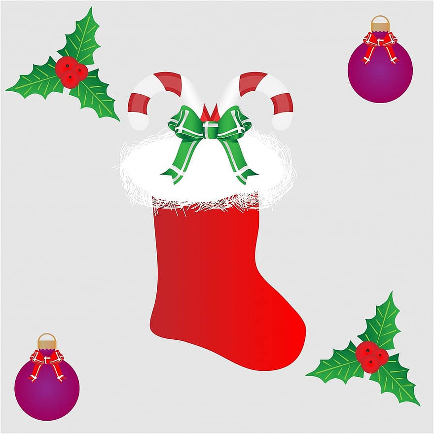 calza di Natale, calza, Natale, bastoncino di zucchero, caramella, canna, dolci, trattare, regalo, agrifoglio, frutti di bosco