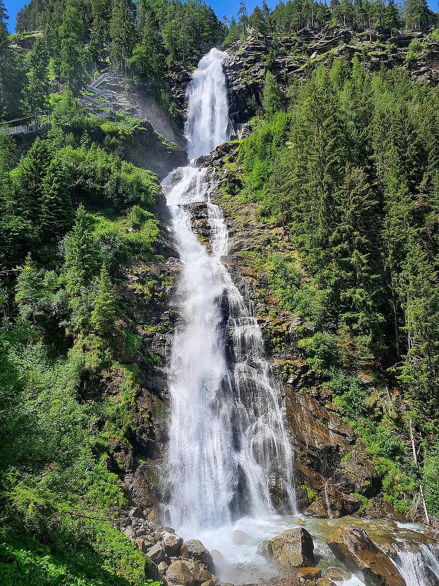 Stuibenfall, vattenfall, bergen, Ötztal, träd, skog, tirol