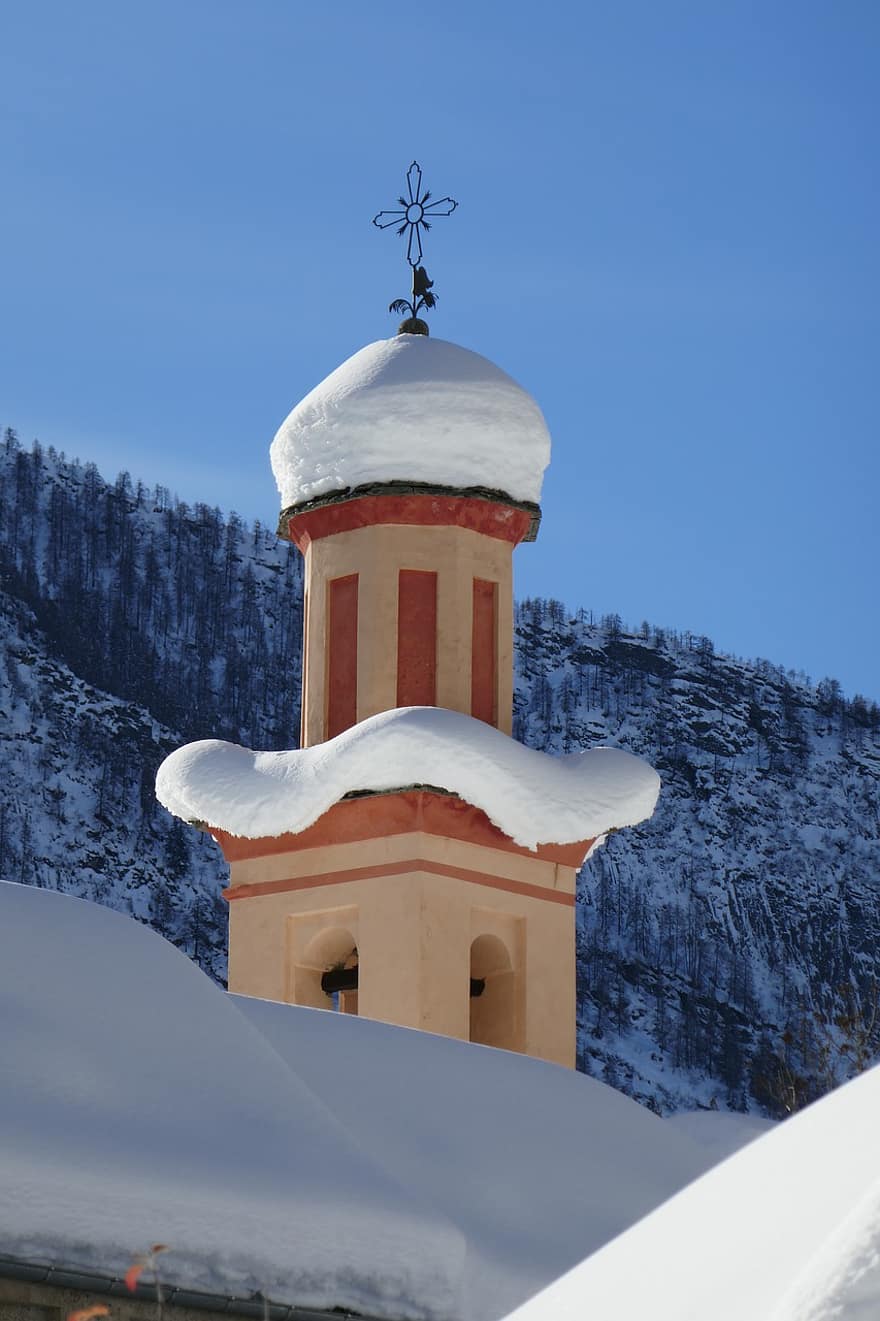 Iglesia, campanario, cruzar, templo, edificio, nieve, hielo, escarcha