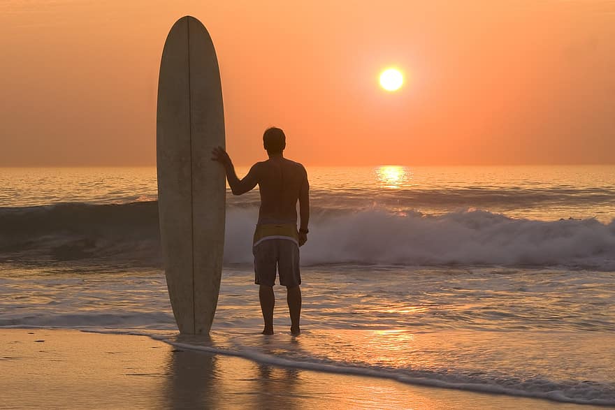 Sonnenuntergang, Strand, Surfen, Surfer, Surfbrett, Ozean, Wassersport, Sport, Horizont, Wellen, Gezeiten