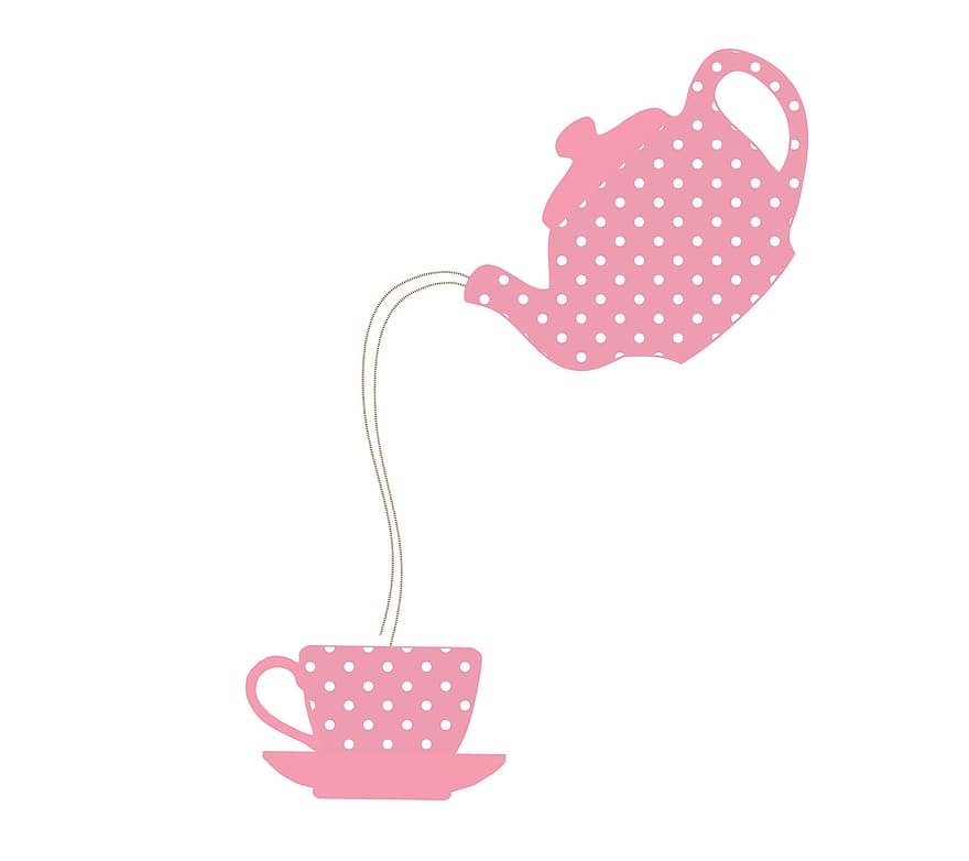 théière, tasse à thé, pois, rose, blanc, fantaisie, capricieux, tasse, thé, boisson, pot