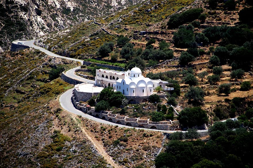 Grècia, Església, muntanya, naxos, ciclades, edifici, poble, carretera, paisatge