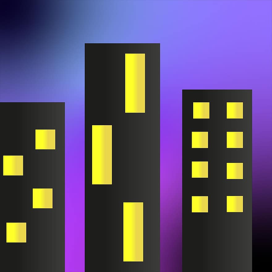 Buildings, Skyline, Night, Skyscrapers, City, Downtown, Urban, Evening, Dark, Lonely, Alone