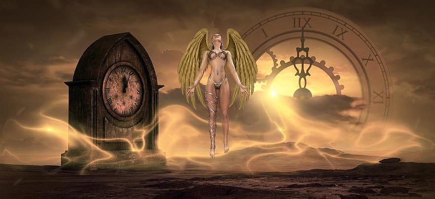 tło, pustynia, zegary, anioł, Fantazja, Płeć żeńska, postać, Sztuka cyfrowa, zegar, mężczyźni, ilustracja