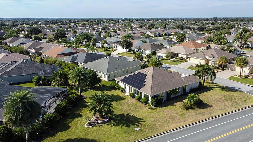 Florida, Pensioengemeenschap, dak, luchtfoto, architectuur, buitenkant van het gebouw, voorstad, palmboom, woonwijk, zomer, hoge hoekmening