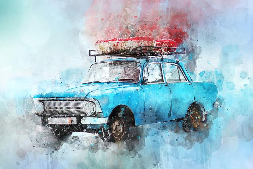 gammal bil, bil, vattenfärg, transport, fordon, gamla bilar, årgång, retro, blå bil, Blå vintage, Blå akvarell