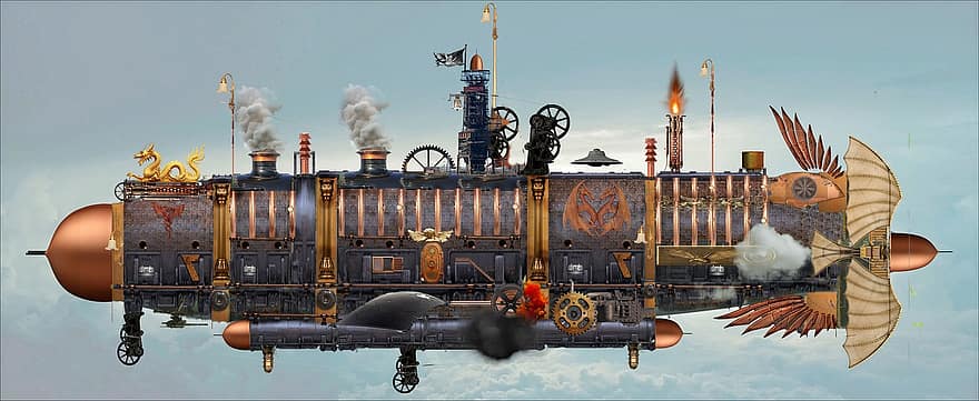 dirigible, Steampunk, Dieselpunk, Atompunk, fantasía, aeronave, zepelín, volador, cielo, nubes, dragones