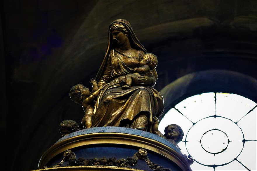 jomfru Maria, jesus, statue, helgen, baby, Kristus, Gud, mary, engler, kjeruber, skulptur