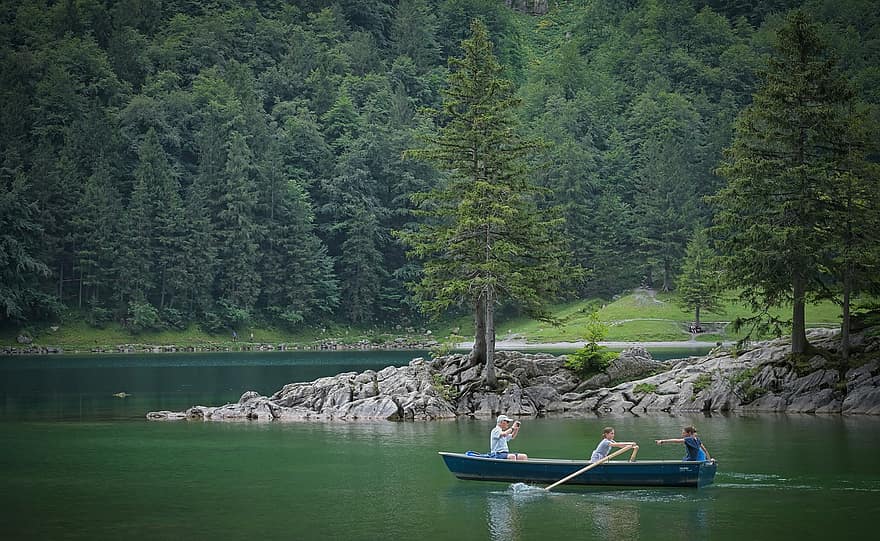Boot, Ruderboot, Menschen, Bäume, Wald, See, Wasser, Natur, Freizeit