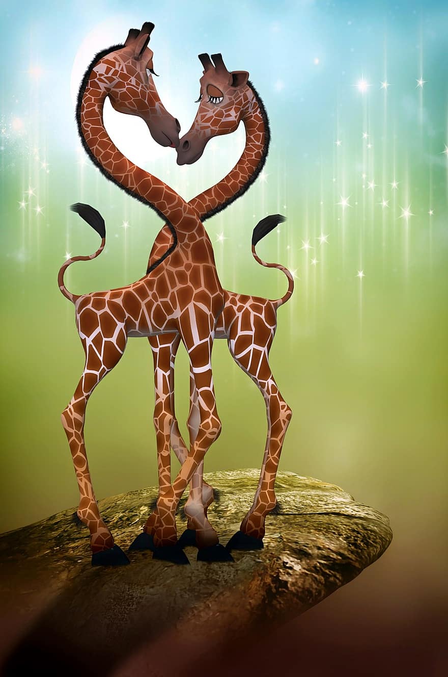 Giraffe, Digital Art, Fantasy, Friendship, Love