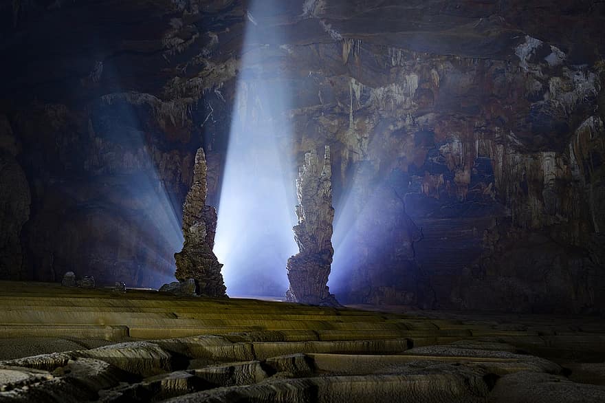 grotte, esplorazione, fasci di luce, paesaggi, Vietnam, roccia, mistero, paesaggio, posto famoso, notte, buio