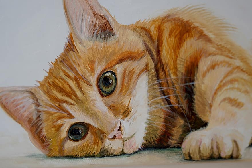 kočka, sladký, malování, obraz, malované
