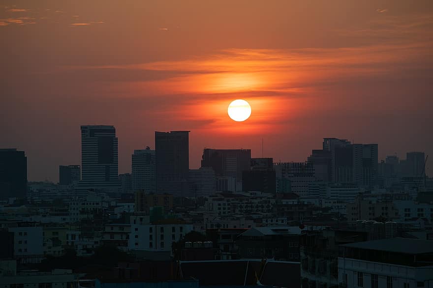 puesta de sol, cielo, Dom, sol, rosado, ciudad, Bangkok, Tailandia, horizonte, capital, hermoso