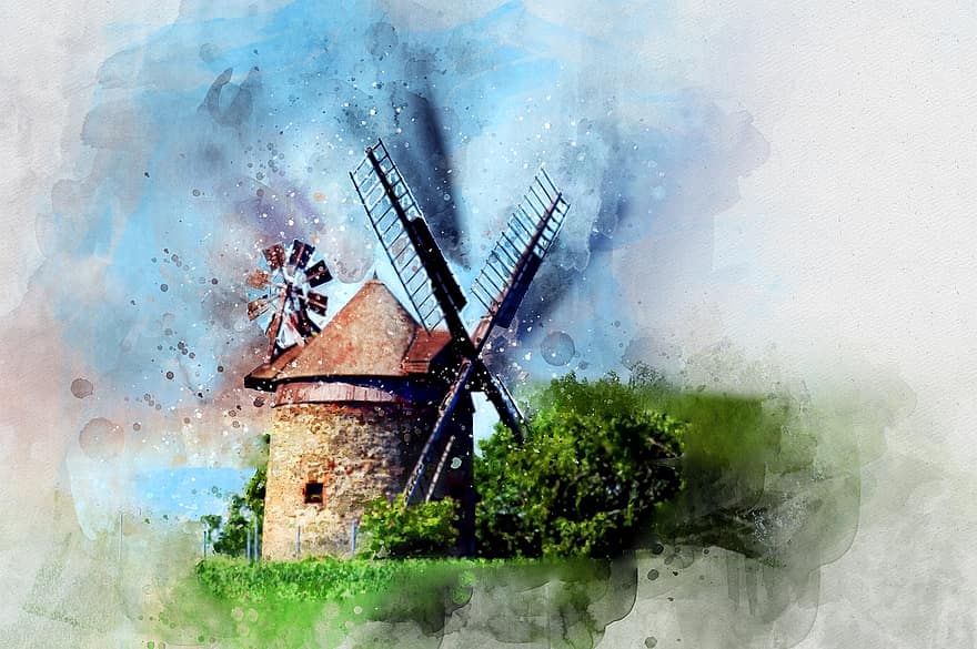 Turm, Windmühle, Aquarell, Grün, Natur, Ökologie, Wind, Mühle, Reise, Gebäude