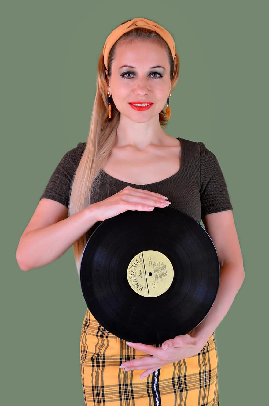 Frau, Aufzeichnung, Vinyl, Mode, Musik-, Audio-, retro, Album, klingen, Unterhaltung, Stil