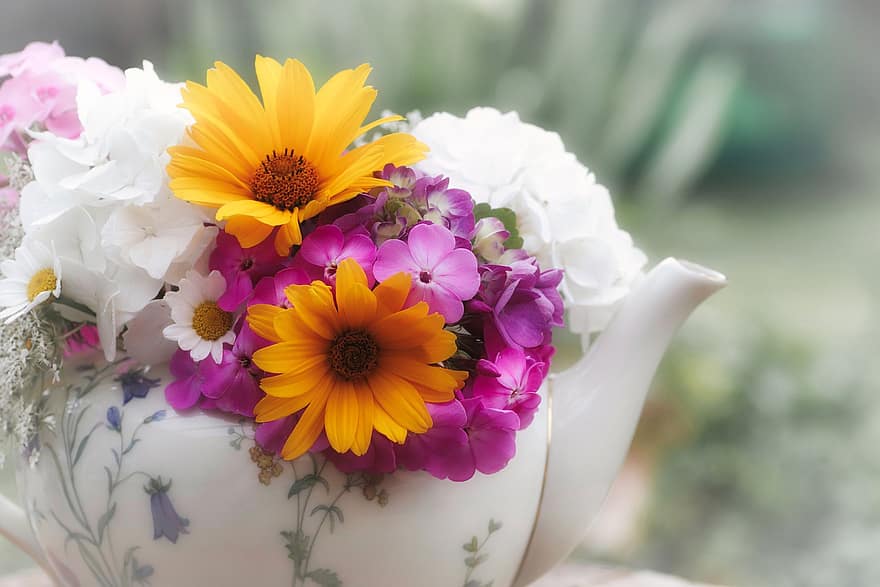 цветы, чайник, орнамент, оформление, украшение, цвести, цветение, букет цветов, цветок, летом, завод