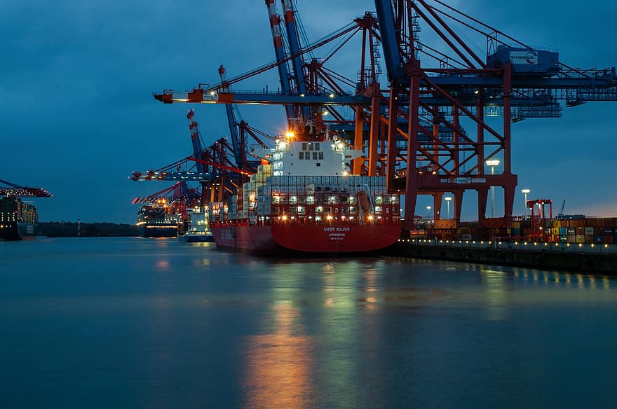 port kontenerowy, kontenerowiec, pojemnik, port w Hamburgu, statek, woda, Port, Hamburg, światło, przeddzień