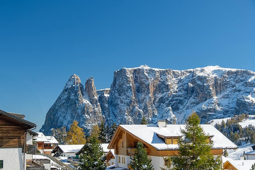 bjerge, sne, kabine, hytte, landsby, seiser alm, Schlern, Bozen, Dolomitterne, landskab, Italien