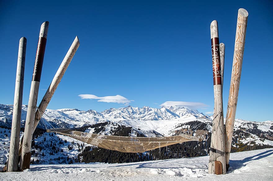 Savoie, Frankrig, hængekøje, sne, vinter, bjerg, sport, blå, stå på ski, ski, træ