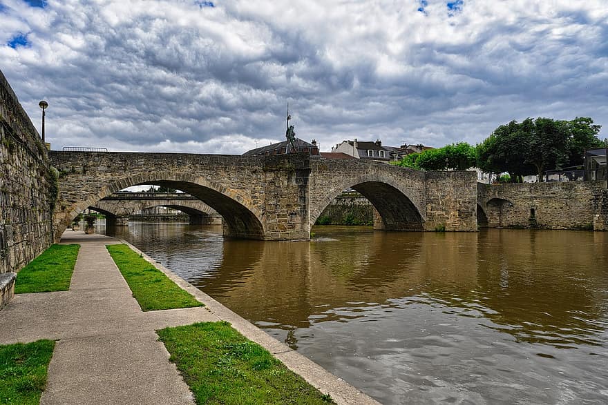 río, puente, viaje, turismo, Europa, aveyron, pierre, pared, arcos, estatua, lugar famoso