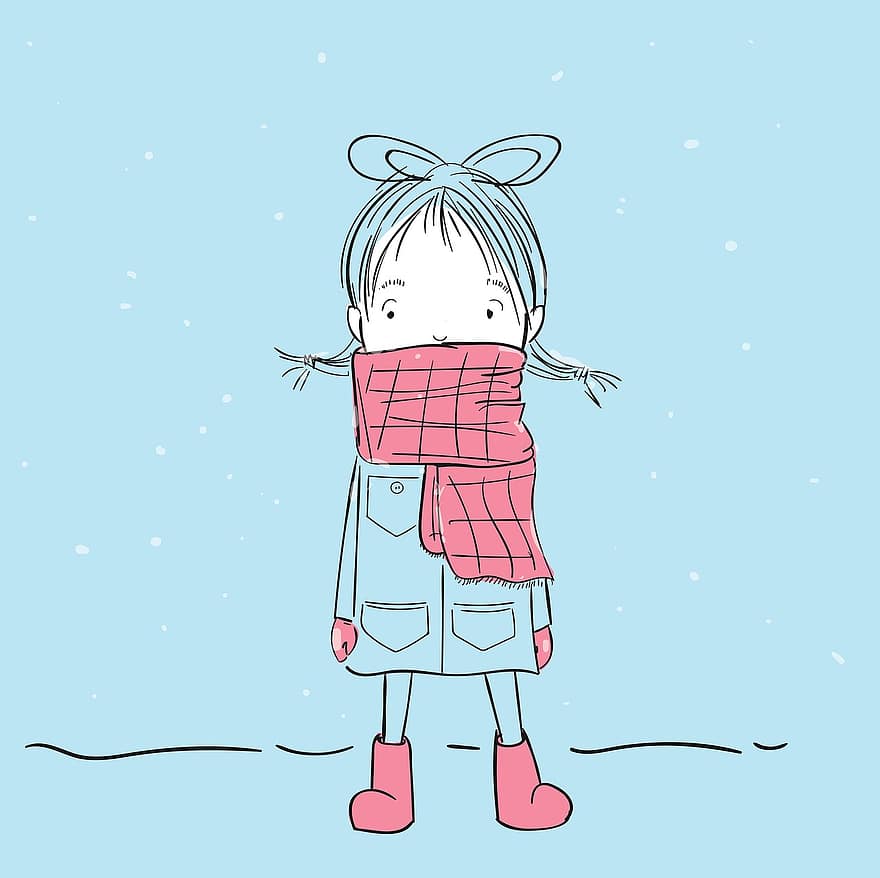 Girl, Snow, Scarf, Winter, Cute, Happy, People, Cartoon, Character, Young, Fashion