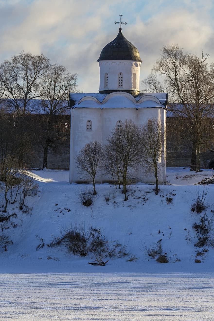 kirkko, talvi-, kausi, ulkona, Staraya Ladoga, Georgen kirkko, Volkhov, joki, kristinusko, uskonto, lumi