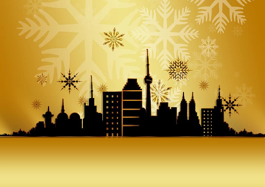 Julekort, lykønskningskort, guld, gylden, skyline, skyskraber, silhuet, snefnug, advent, jul, stjerne