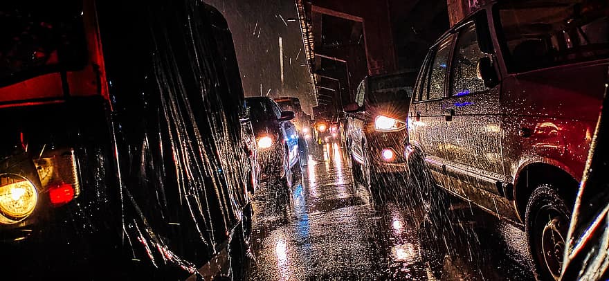 pluja, cotxes, carretera, carrer, automàtic, precipitacions