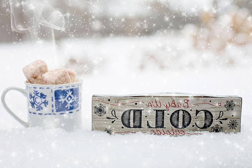 nevades, beguda calenta, cartell de fusta, hivern, el bebè fa fred fora, beure, begudes, tassa, xocolata calenta, cacau, nevar