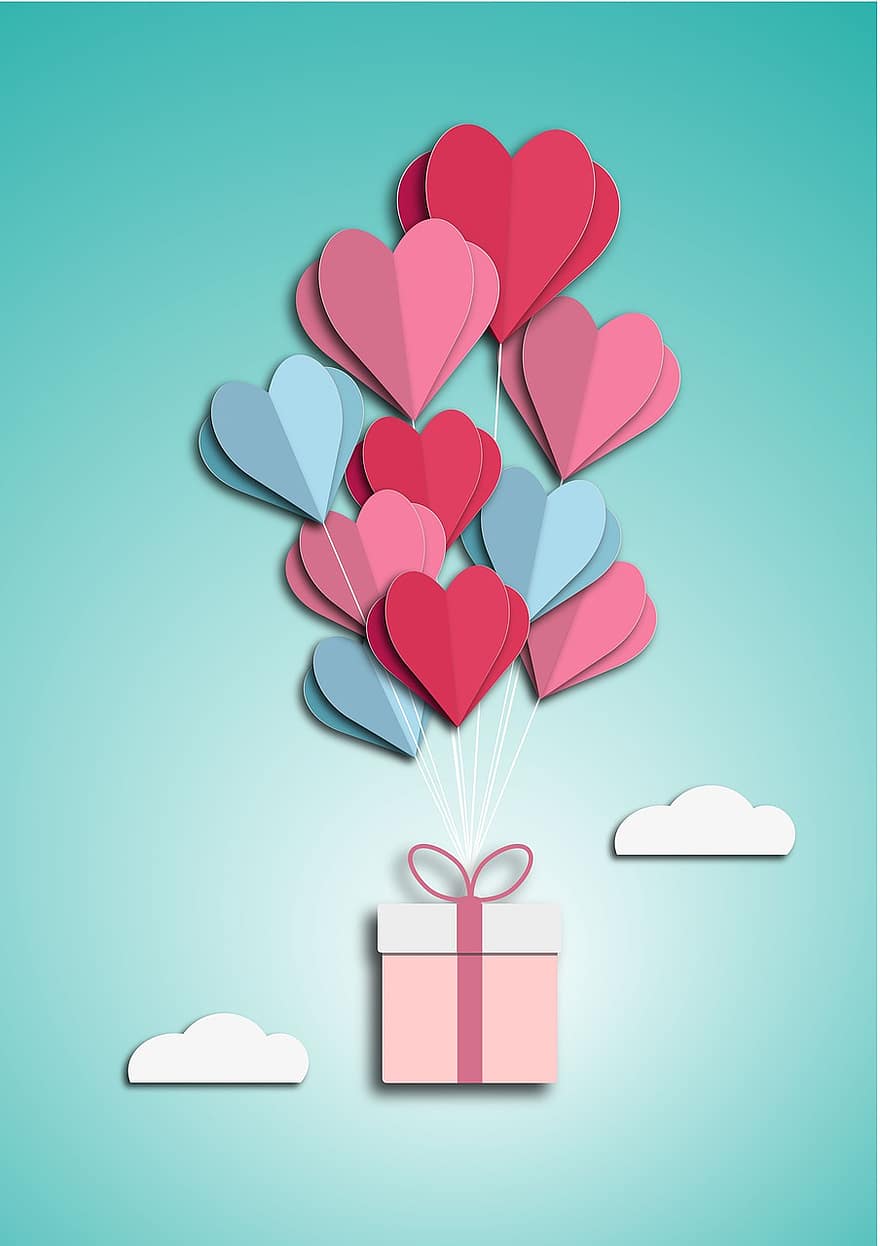 gåva, alla hjärtans dag, gratulationskort, dekoration, hjärta, papper, romantisk, symbol