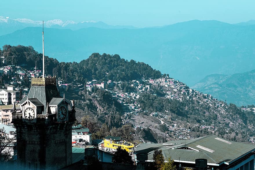 darjeeling, město, hory, budov, věž, hodinová věž, panoráma města, městský, pohoří
