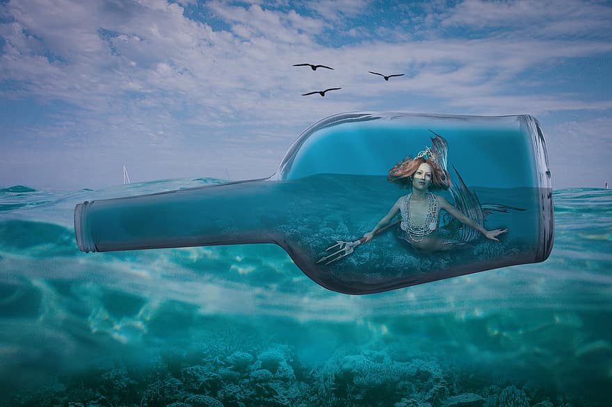 păsări, sirenă, sticla, fictiune, ocean, nava într-o sticlă, Photoshop, fantezie, nori, sub apă, apă