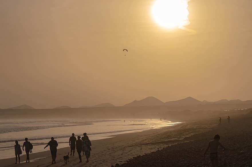 Пляжний, море, хвилі, пісок, захід сонця, лансароте, caleta de famara