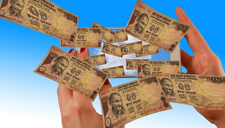 Руки, смартфон, рупия, Индия, Деньги, мобильный, на ходу, зарабатывать деньги, финансы, онлайн, монеты