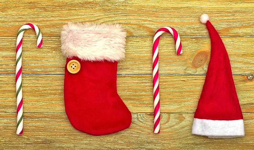 Vánoce, blahopřání, klobouk santa, Mikuláše, ponožka, cukrové třtiny, Pozadí, dřevo, víčko, špičatý klobouk, Červené