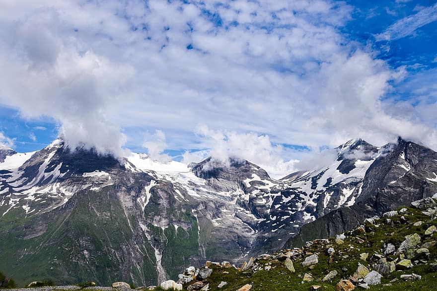 kalni, kalnu grēda, sniega cepures, sniegs, brigglokneris, augsts kalnu ceļš, Austrijā, alpi, ainavu, raksturs