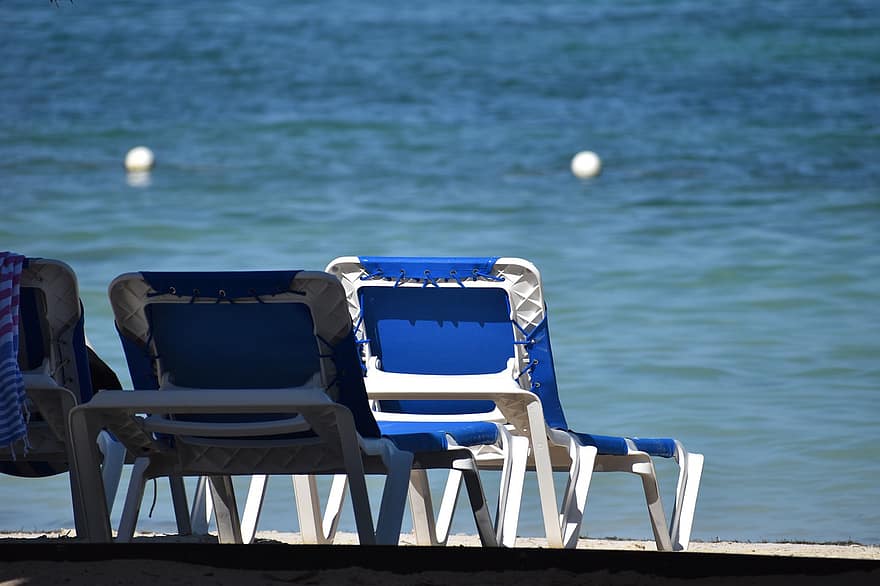 바닷가, 의자, 여름, 섬, 휴가, 기분 전환, 푸른, 물, 여행, 관광객 리조트, 해안선