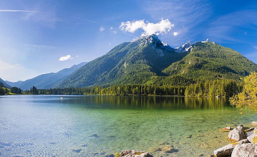jezioro, drzewa, las, alpejski, hintersee, berchtesgaden, bawaria, krajobraz, Natura, panorama, ramsau
