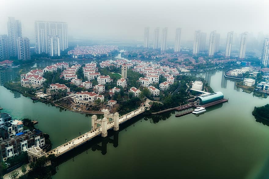 Tianjin, moderni, arkkitehtuuri, saari, kehitys, Kiina, kaupunkikuvan, pilvenpiirtäjä, kuuluisa paikka, kaupunkien horisonttiin, ilmakuva