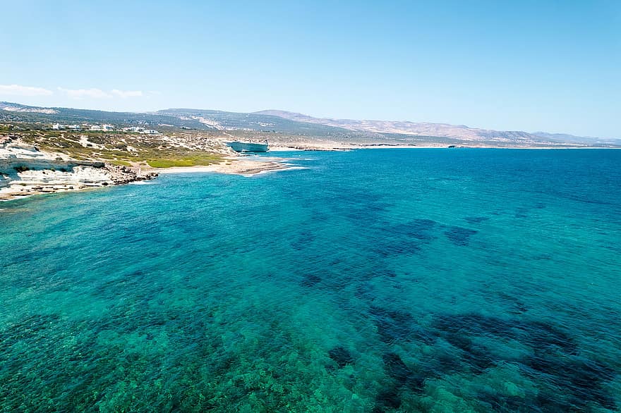 zee, zeegezicht, heuvels, Cyprus, horizon, water, hemel, bergen, panorama, antenne, toneel-