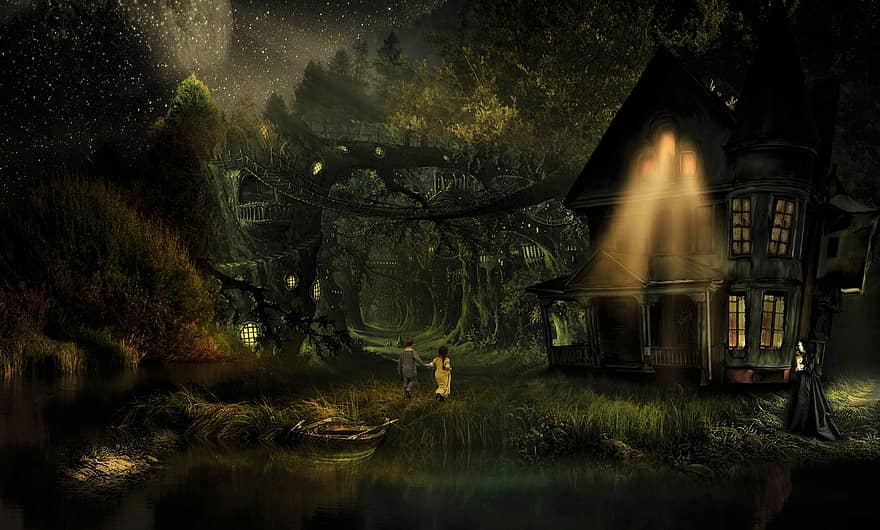 bosque, casa, cabina, niña, niño, fantasía, cuento de hadas, místico, mágico, misterioso