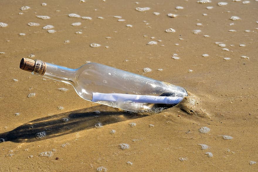 meddelande i en flaska, flaska, meddelande, under vattnet, skatt, sand, hav, strand, glas, brev
