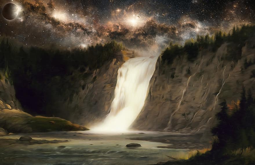 Waterfall, Night, Stars, River, Falls, Nature, Nebula, Galaxy, Night Sky, Water, landscape