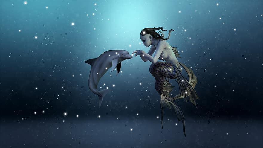 delfīns, sirēna, okeāns, ūdens, fantāzija, zem ūdens, zils, ilustrācija, sievietēm, zivis, vīriešiem
